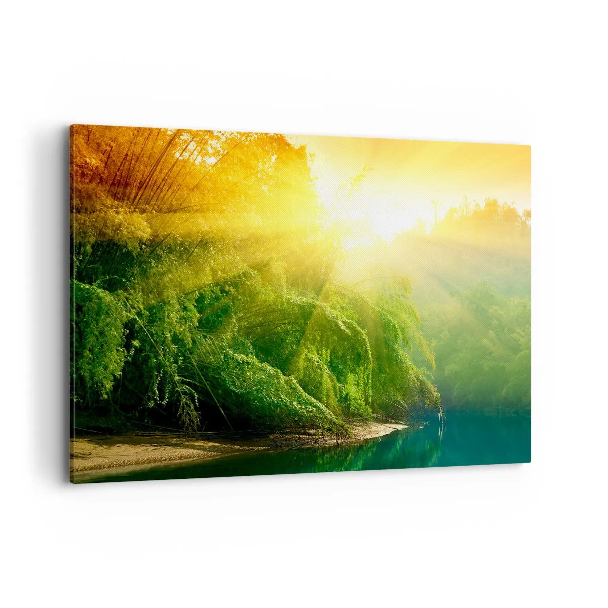 Impression sur toile - Image sur toile - Une forêt verte au bord de la rivière, illuminée par les rayons du soleil levant - 100x70cm - Se noyer au soleil et à l'ombre - Décoration murale moderne pour le salon et la chambre ARTTOR