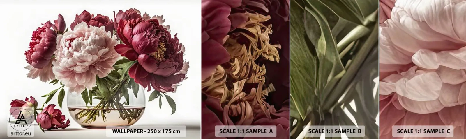 Échantillon de Papier Peint Autocollant Deluxe Sticker - En pleine floraison de beauté - Bouquet de fleurs, Vase, Pivoines - 100x30 cm