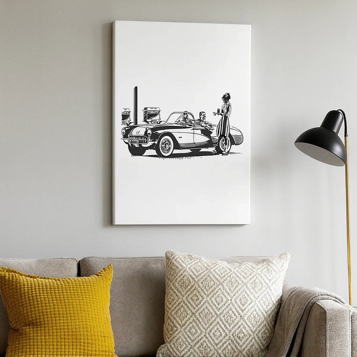 Impression sur toile - Image sur toile - Une scène rétro en noir et blanc avec une voiture et une serveuse en patins à roulettes. - 50x70cm - 60's - Amérique insouciante - Décoration murale moderne pour le salon et la chambre ARTTOR