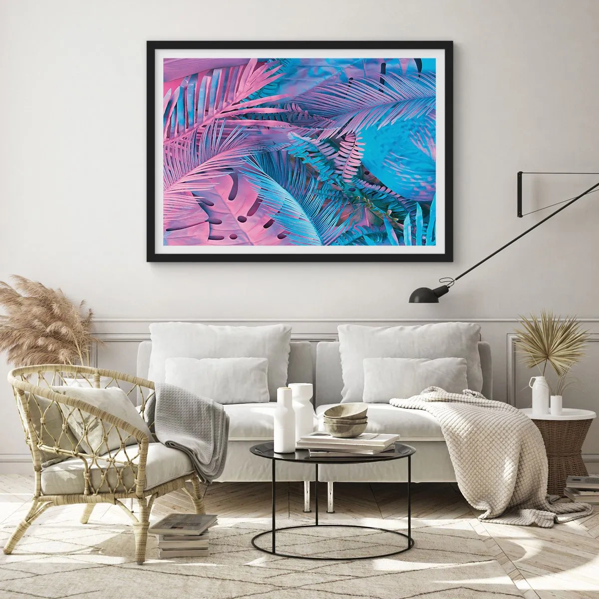 Affiche dans un cadre noir - Poster - Feuilles tropicales dans les tons de rose et de bleu - 100x70cm - Les tropiques en rose et bleu - Décoration murale moderne pour le salon et la chambre ARTTOR