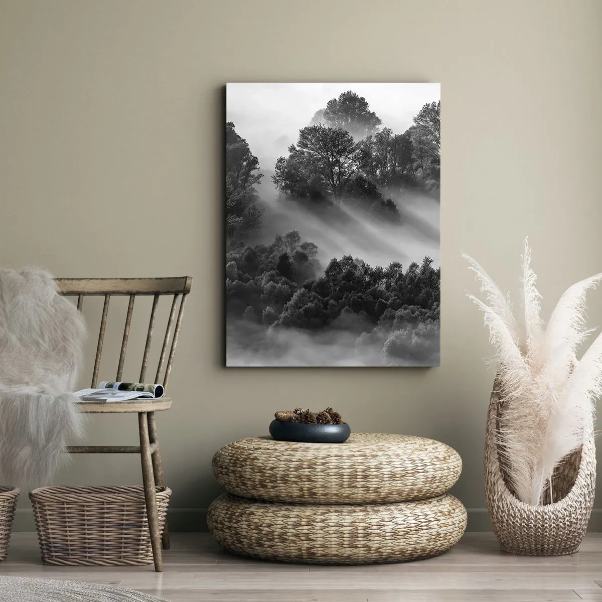 Impression sur toile - Image sur toile - Paysage forestier noir et blanc dans le brouillard du matin - 50x70cm - Sortir de son sommeil - Décoration murale moderne pour le salon et la chambre ARTTOR
