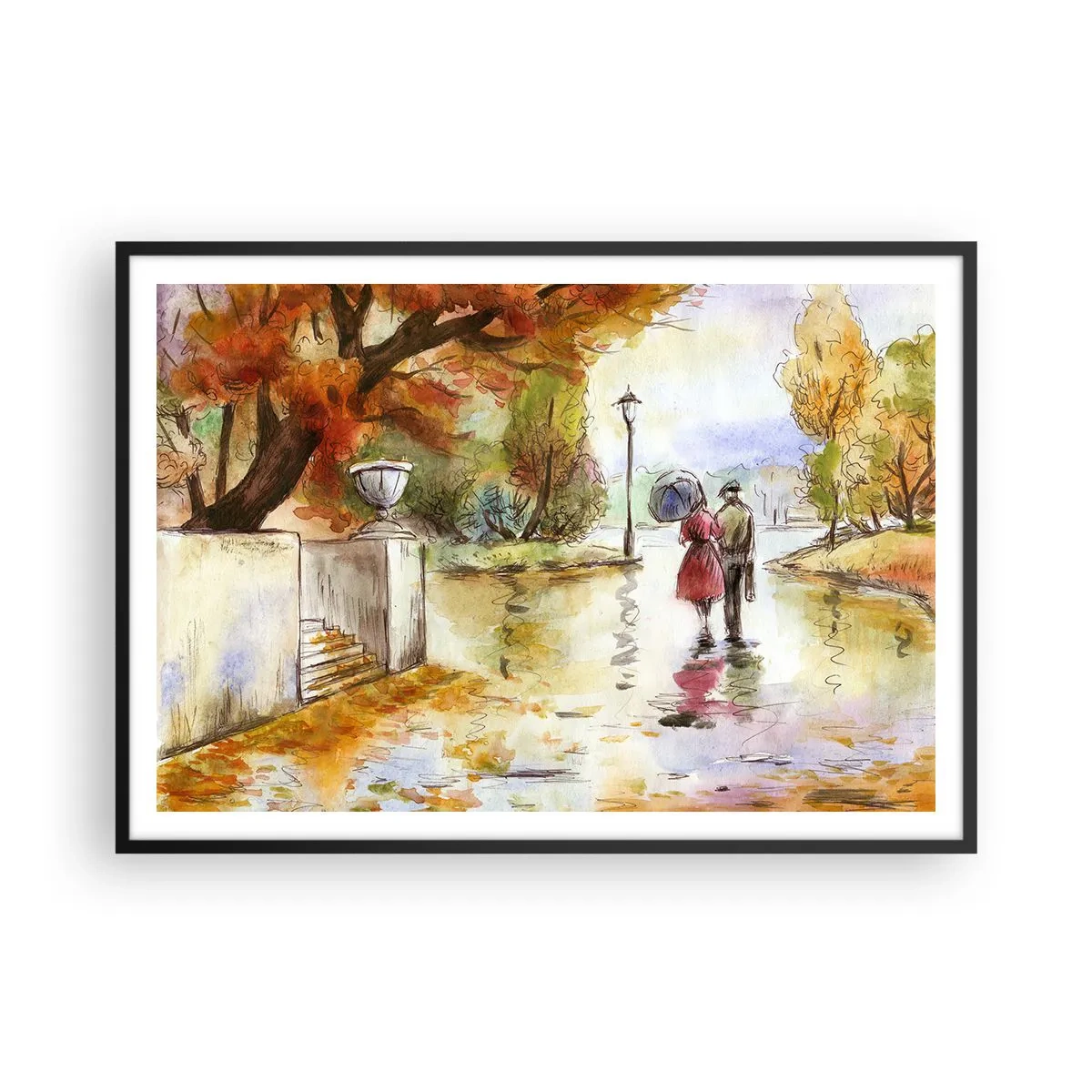 Affiche dans un cadre noir - Poster - Une promenade dans le parc d'automne avec un parapluie - 100x70cm - Automne romantique dans le parc - Décoration murale moderne pour le salon et la chambre ARTTOR