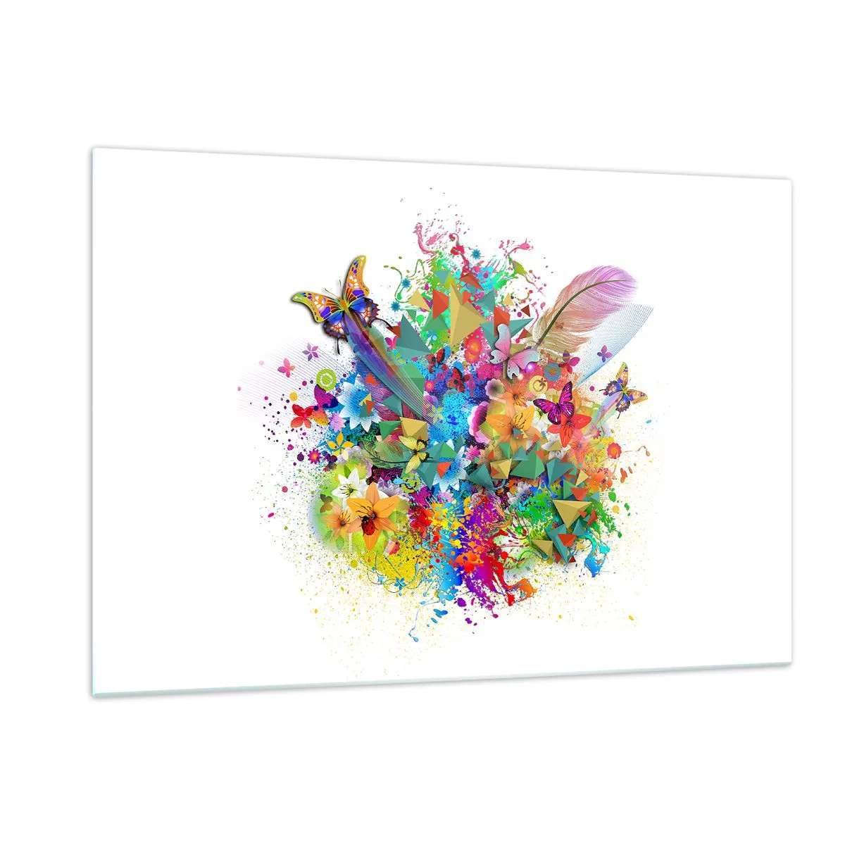 Impression sur verre - Image sur verre - Abstraction colorée avec des papillons, des fleurs et des plumes sur fond blanc - 120x80cm - Un bouquet de joie - Décoration murale moderne pour le salon et la chambre ARTTOR
