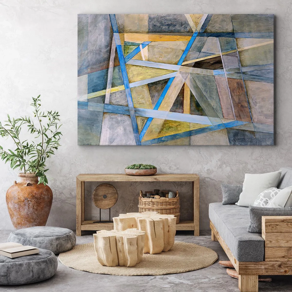 Impression sur toile - Image sur toile - Composition géométrique avec des lignes claires et bleues - 120x80cm - Tout droit ou en diagonale ? - Décoration murale moderne pour le salon et la chambre ARTTOR