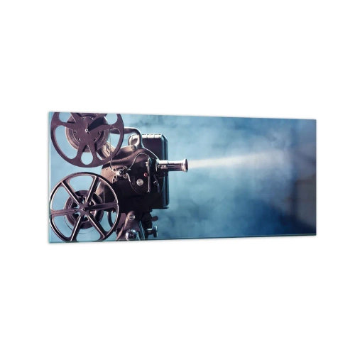 Impression sur verre - Image sur verre - Un vieux projecteur de cinéma projetant de la lumière sur un fond bleu - 120x50cm - Dans un vieux cinéma - Décoration murale moderne pour le salon et la chambre ARTTOR