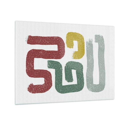 Impression sur verre - Image sur verre - Signes abstraits colorés sur fond blanc - 70x50cm - Dans une langue inconnue - Décoration murale moderne pour le salon et la chambre ARTTOR