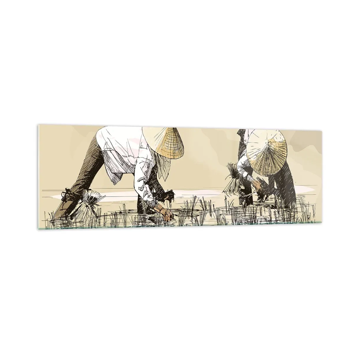 Impression sur verre - Image sur verre - Des agriculteurs travaillant dans une rizière portant des coiffures traditionnelles - 160x50cm - Récolte réussie - Décoration murale moderne pour le salon et la chambre ARTTOR