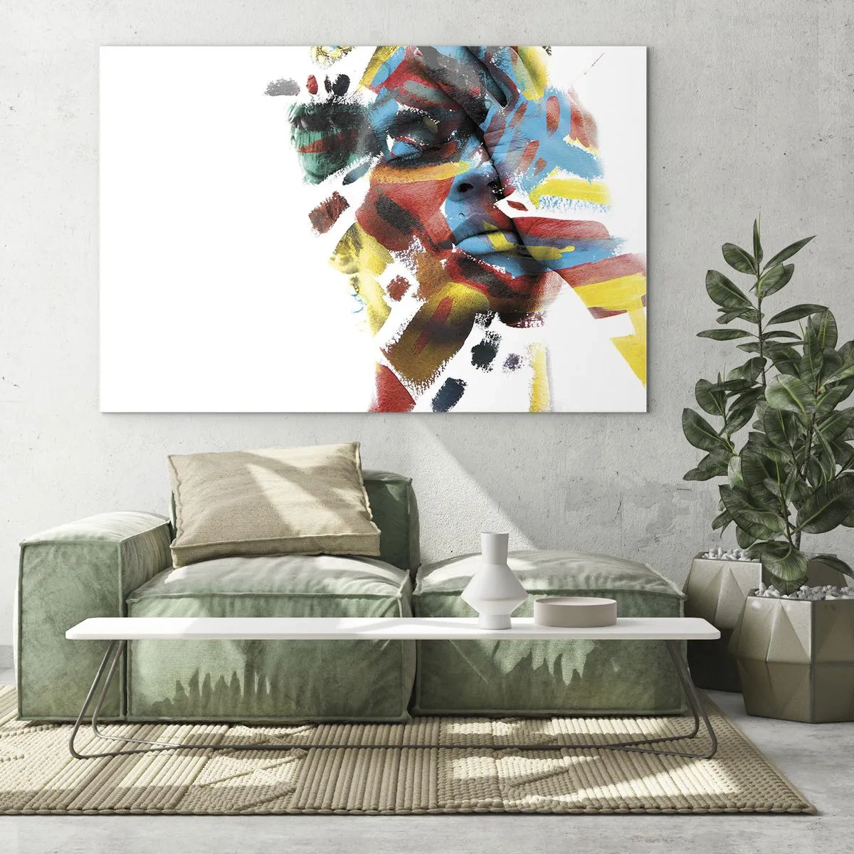 Impression sur verre - Image sur verre - Portrait avec des accents abstraits et colorés sur le visage - 70x50cm - Personnalité colorée - Décoration murale moderne pour le salon et la chambre ARTTOR