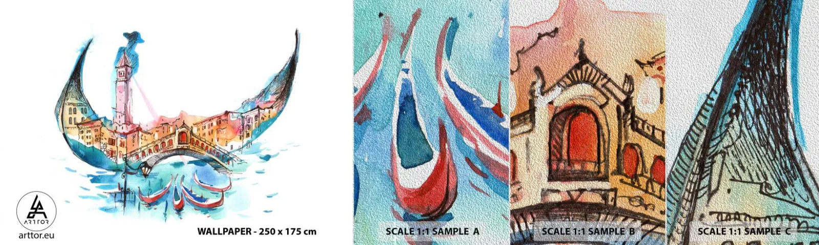 Échantillon de Papier Peint Premium Sand - Nous naviguons à travers la ville - Abstraction, Venise, Pont - 100x30 cm