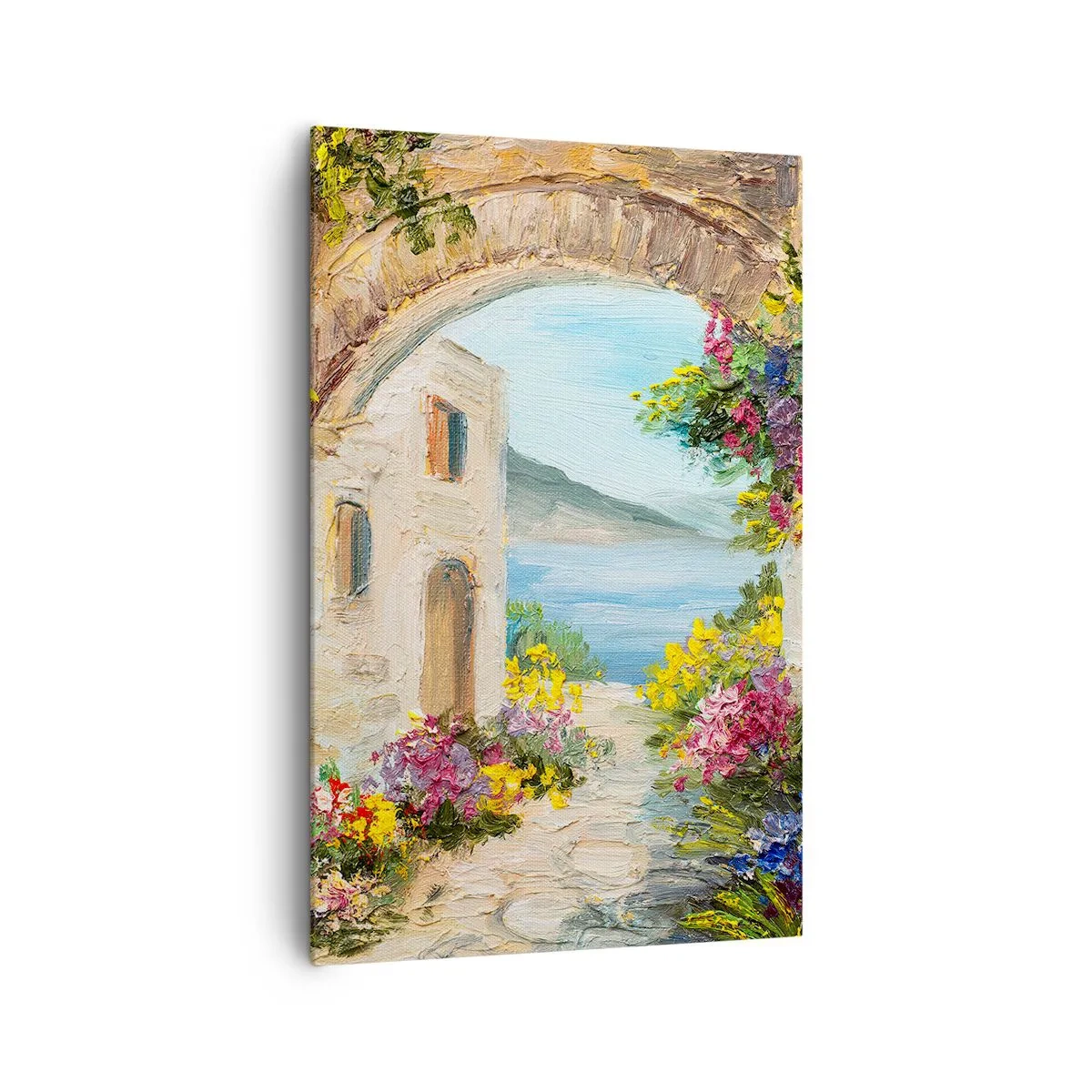 Impression sur toile - Image sur toile - Paysage de bord de mer avec des bâtiments en pierre et des fleurs - 80x120cm - Le charme d'une province côtière - Décoration murale moderne pour le salon et la chambre ARTTOR