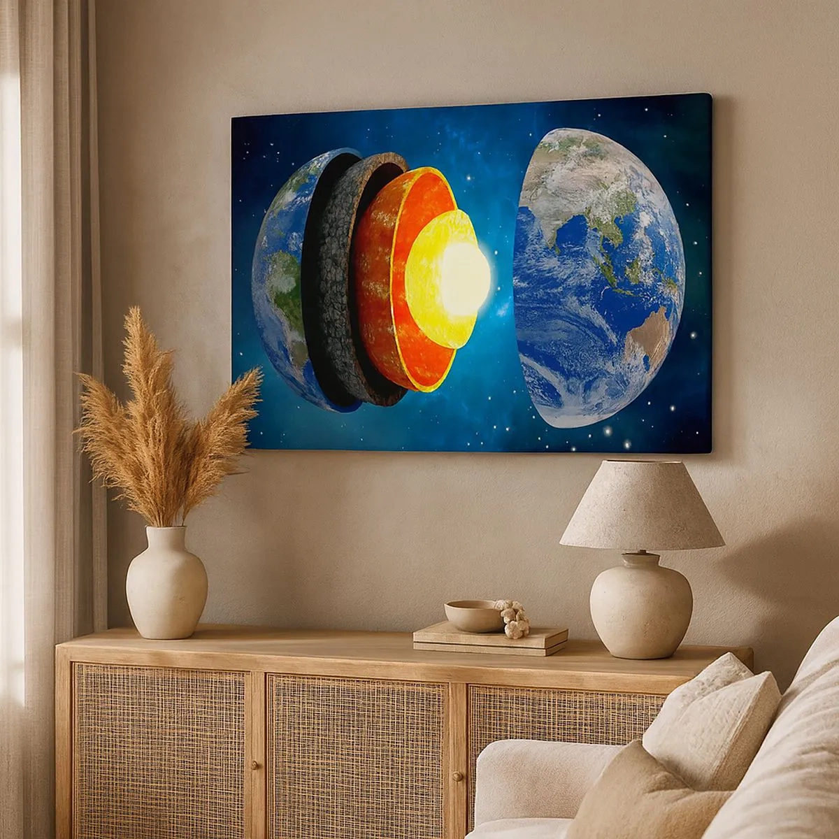 Impression sur toile - Image sur toile - Une coupe transversale de la Terre montrant ses couches dans l'espace. - 70x50cm - Voyage au centre de la terre - Décoration murale moderne pour le salon et la chambre ARTTOR