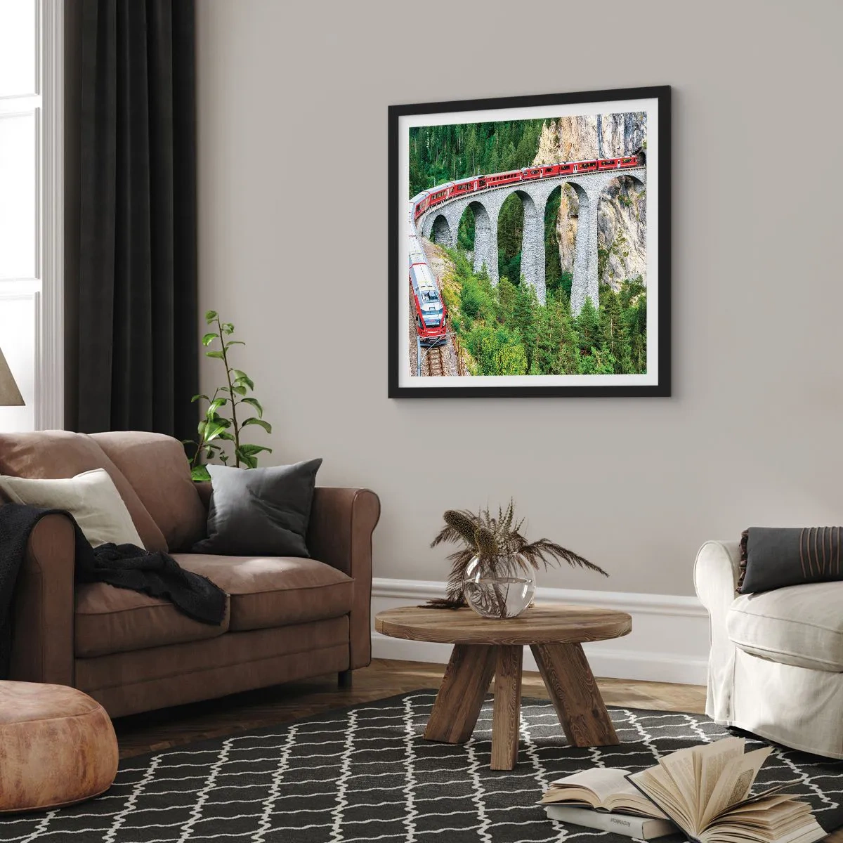 Affiche dans un cadre noir - Poster - Chemin de fer avec vue sur la montagne - 40x40 cm