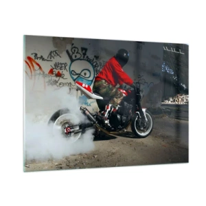Impression sur verre - Image sur verre - Motocycliste en action dans un environnement industriel - 100x70cm - Pourchassez moi! - Décoration murale moderne pour le salon et la chambre ARTTOR