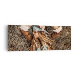 Impression sur toile - Image sur toile - Femme de style bohème allongée sur du foin - 140x50cm - En route vers les années d'amour - Décoration murale moderne pour le salon et la chambre ARTTOR