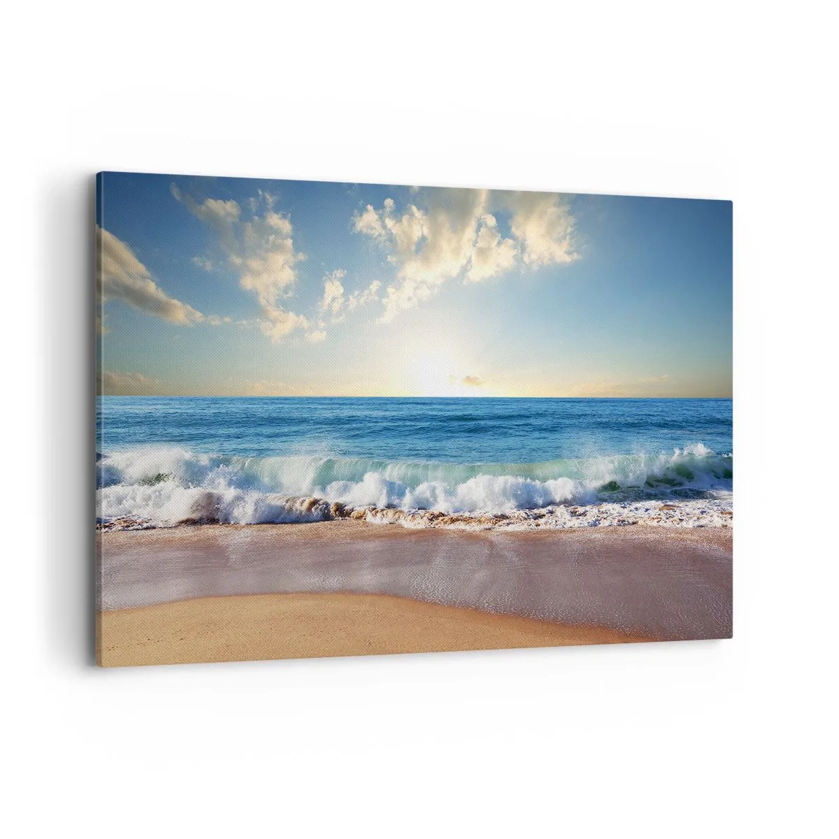 Impression sur toile - Image sur toile - Une plage ensoleillée avec des vagues s'écrasant sur le rivage - 120x80cm - Mouvement et immobilité à la fois - Décoration murale moderne pour le salon et la chambre ARTTOR