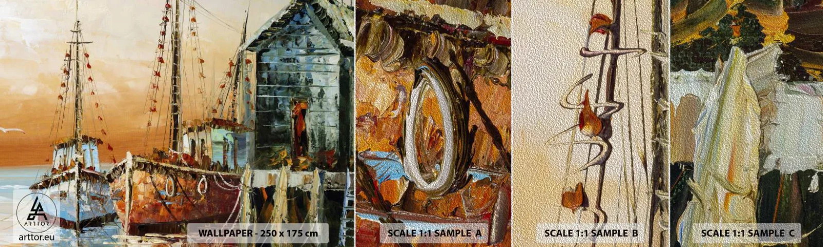 Échantillon de Papier Peint Premium Sand - Retour tranquille - Bateau de pêche, Port de pêche, Morceau - 100x30 cm