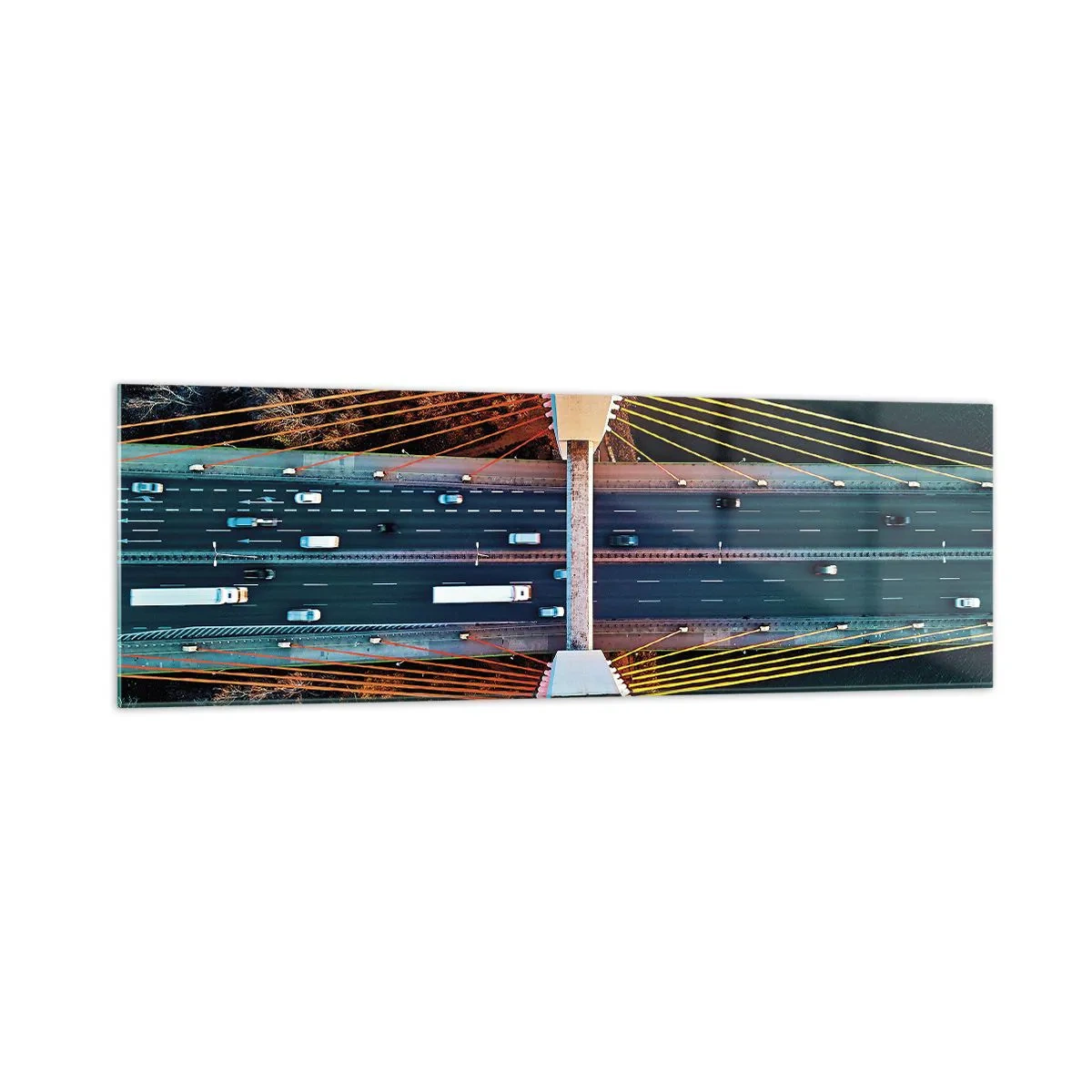 Impression sur verre - Image sur verre - Vue aérienne du pont sur la rivière et du paysage d'automne - 160x50cm - Au dessus de l'eau et de la forêt - Décoration murale moderne pour le salon et la chambre ARTTOR