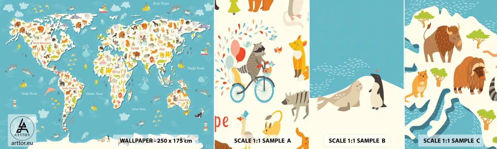 Échantillon de Papier Peint Autocollant Deluxe Sticker - Nous aimons le monde entier - Carte du monde, Animaux, Pour les enfants - 100x30 cm