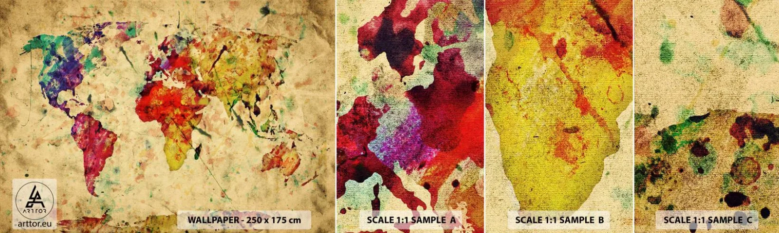 Échantillon De Papier Peint Standard Eco - La vie comme du papier carte coloré - Carte du monde, Continents, Voyages - 100x30 cm