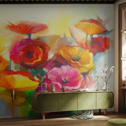 Papier Peint Photo Premium Sand - Coquelicots colorés dans une composition de peinture abstraite - 100x70cm - Pas seulement rouge - Décoration murale moderne pour le salon et la chambre ARTTOR