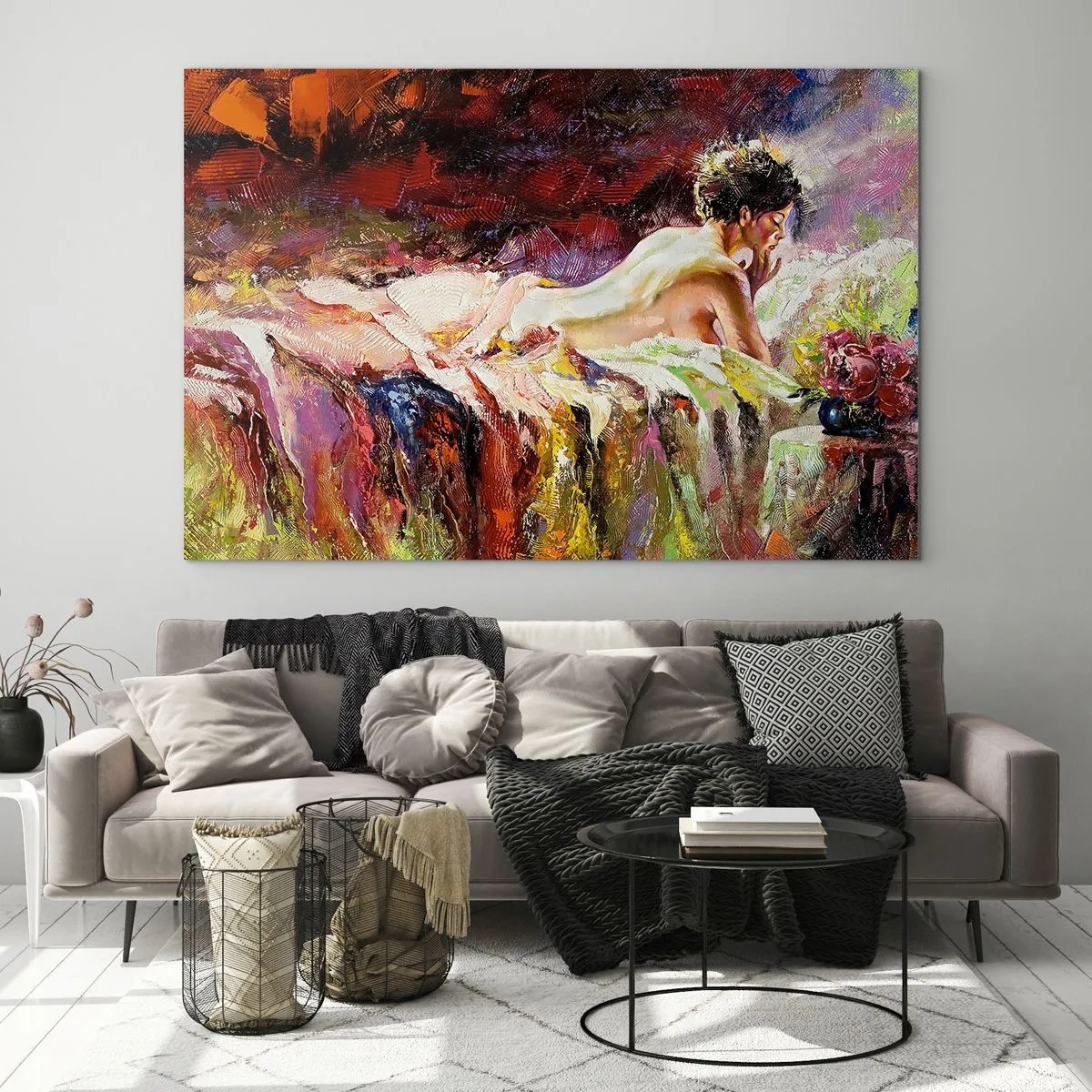 Impression sur verre - Image sur verre - Nu féminin impressionniste sur tissu coloré - 70x50cm - Vénus en pensée - Décoration murale moderne pour le salon et la chambre ARTTOR