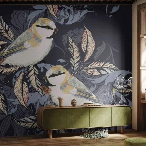 Papier Peint Photo Premium Sand - Babillement jaune et bleu - Abstraction, Des oiseaux, Feuilles - 500x350 cm