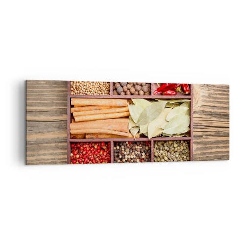 Impression sur toile - Image sur toile - Boîte en bois avec diverses épices dans des compartiments - 140x50cm - Ordre des formes, bouquet d'arômes - Décoration murale moderne pour le salon et la chambre ARTTOR