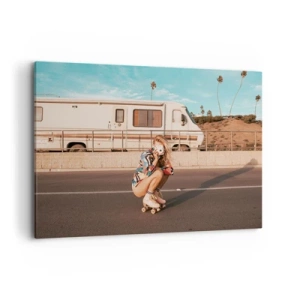 Impression sur toile - Image sur toile - Une fille sur des patins à roulettes prenant une photo par une journée ensoleillée. - 100x70cm - Souriez s'il-vous-plait! - Décoration murale moderne pour le salon et la chambre ARTTOR