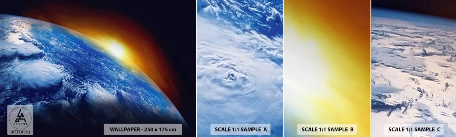 Échantillon de Papier Peint Autocollant Deluxe Sticker - Lever de soleil sur la planète bleue - Abstraction, 3D, Cosmos - 100x30 cm