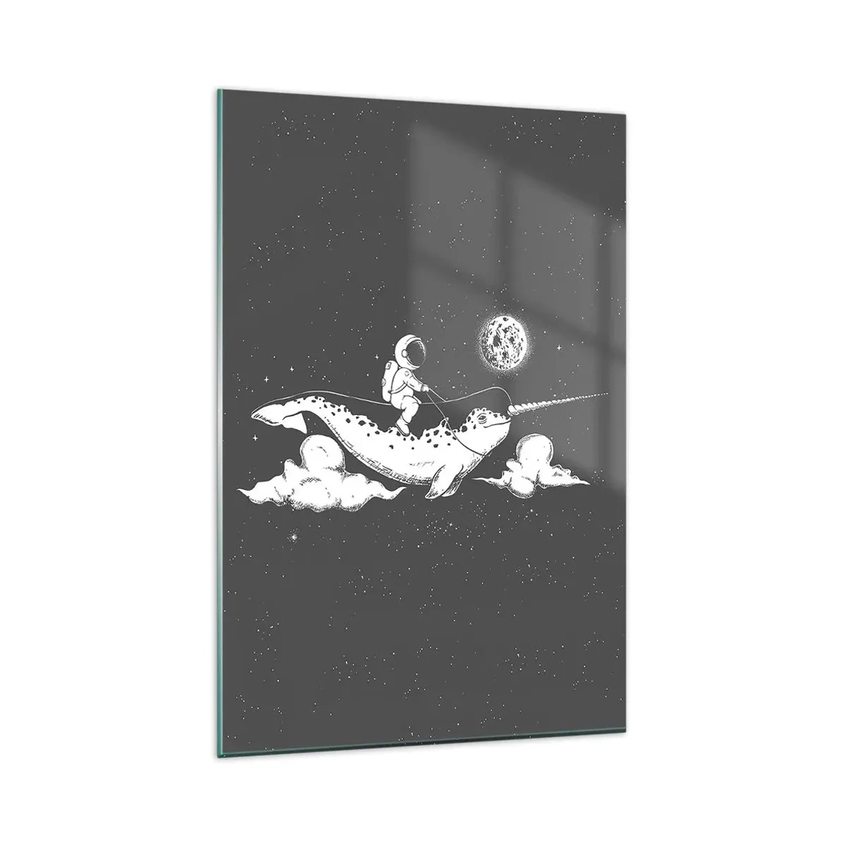 Impression sur verre - Image sur verre - Un astronaute sur le dos d'un narval flottant dans une scène spatiale. - 80x120cm - Cavalier de l'espace - Décoration murale moderne pour le salon et la chambre ARTTOR