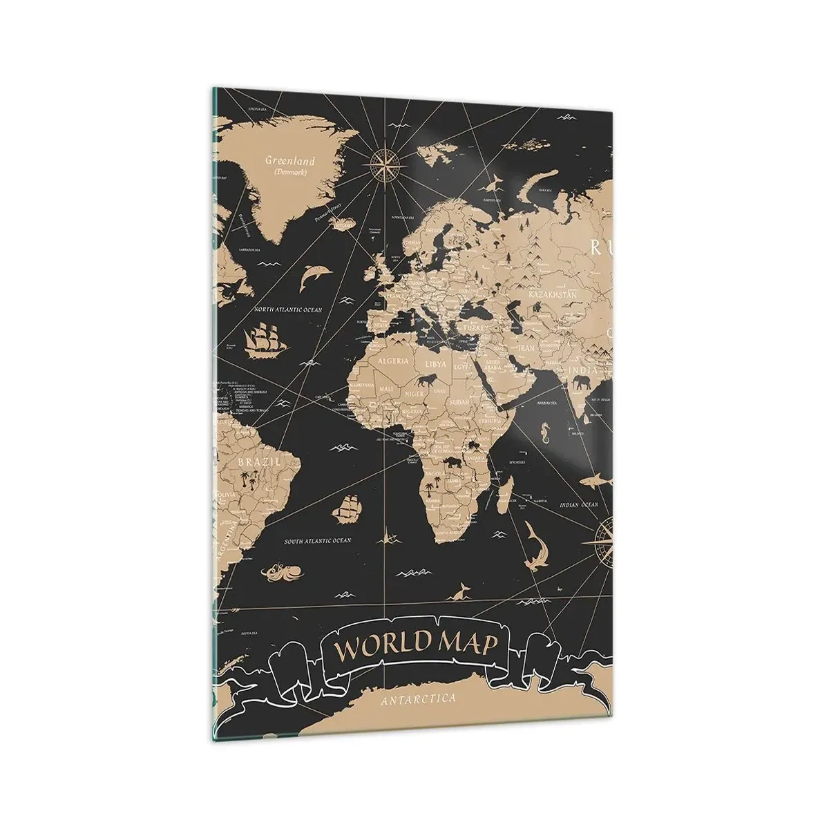 Impression sur verre - Image sur verre - Une carte du monde stylisée sur fond noir avec des accents beiges. - 70x100cm - Les limites de mon monde - Décoration murale moderne pour le salon et la chambre ARTTOR