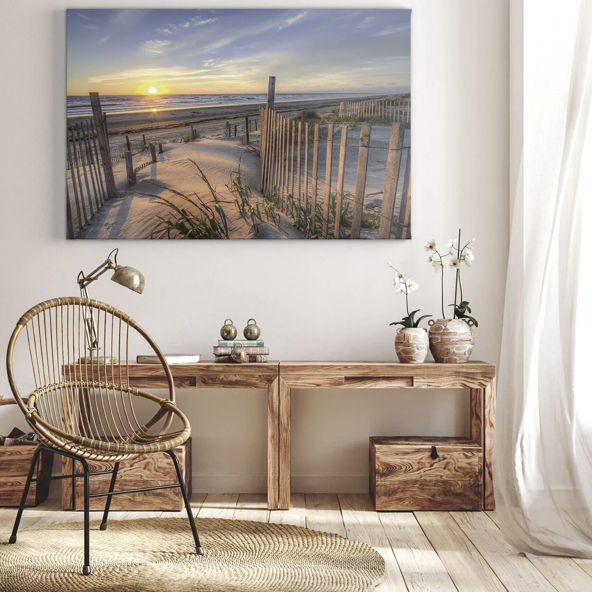 Impression sur toile - Image sur toile - Plage au coucher du soleil avec clôture en bois - 70x50cm - Ombre et brillance du vent - Décoration murale moderne pour le salon et la chambre ARTTOR
