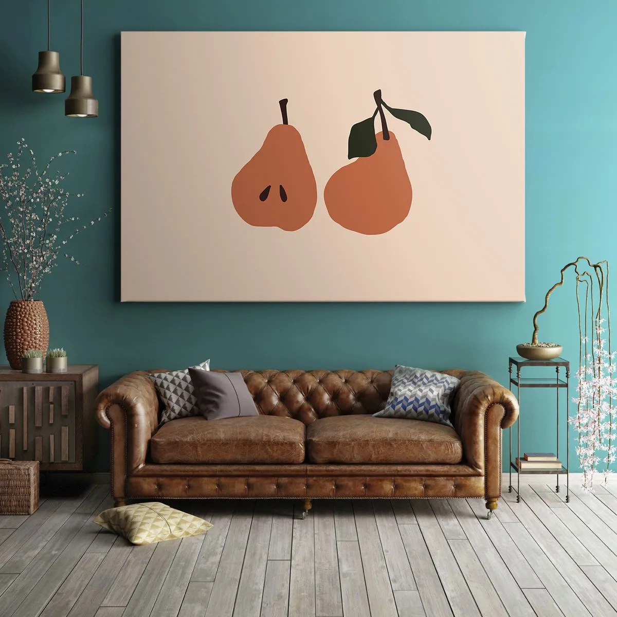 Impression sur toile - Image sur toile - Une illustration minimaliste de deux poires sur fond beige. - 70x50cm - La douceur elle-même - Décoration murale moderne pour le salon et la chambre ARTTOR