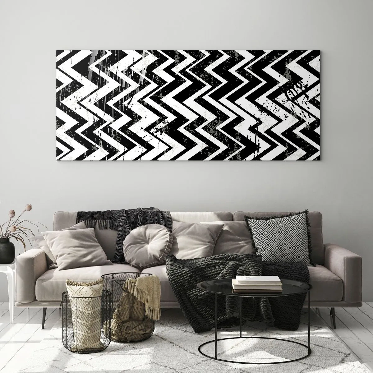 Impression sur verre - Image sur verre - Motif en zigzag noir et blanc avec abrasions artistiques - 120x50cm - Zig-blanc, zag-noir - Décoration murale moderne pour le salon et la chambre ARTTOR