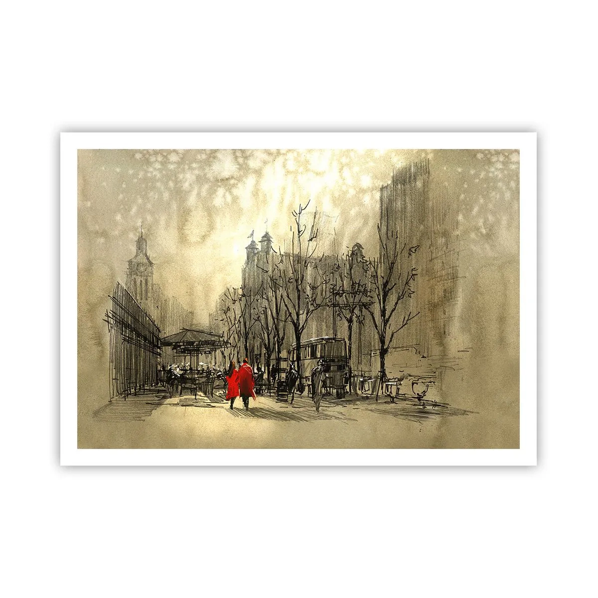 Affiche - Poster - Une figure rouge dans un décor urbain nostalgique - 100x70cm - Rendez-vous dans le brouillard de Londres - Décoration murale moderne pour le salon et la chambre ARTTOR