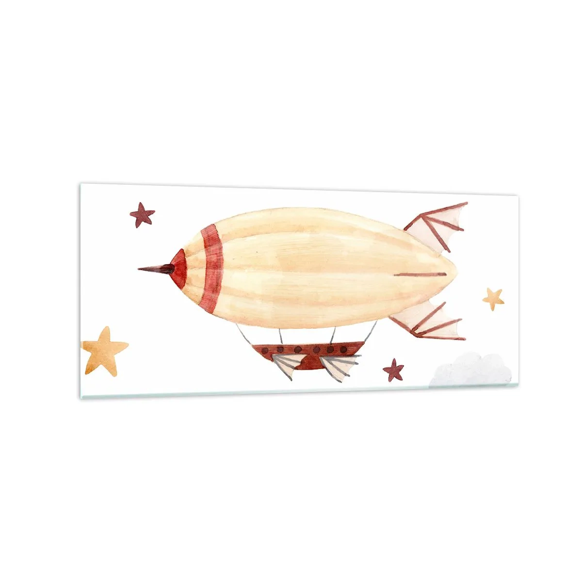 Impression sur verre - Image sur verre - Un dirigeable peint à la main sur fond d'étoiles - 120x50cm - Dirigeable - Décoration murale moderne pour le salon et la chambre ARTTOR