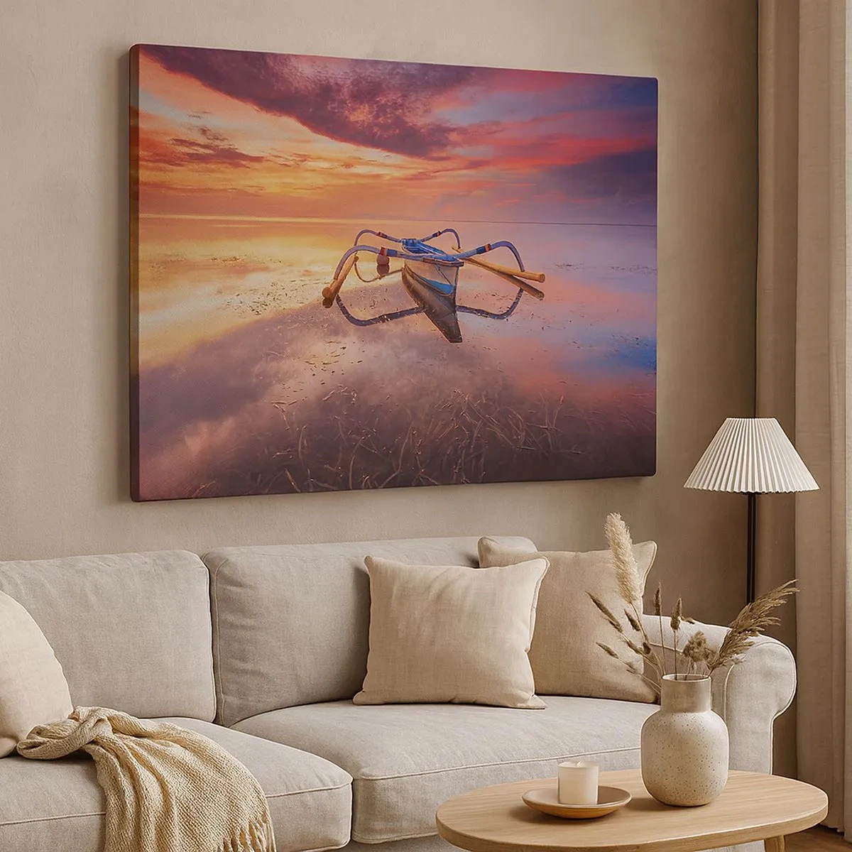 Impression sur toile - Image sur toile - Un bateau sur une eau calme au coucher du soleil - 70x50cm - Le calme d'une soirée tropicale - Décoration murale moderne pour le salon et la chambre ARTTOR
