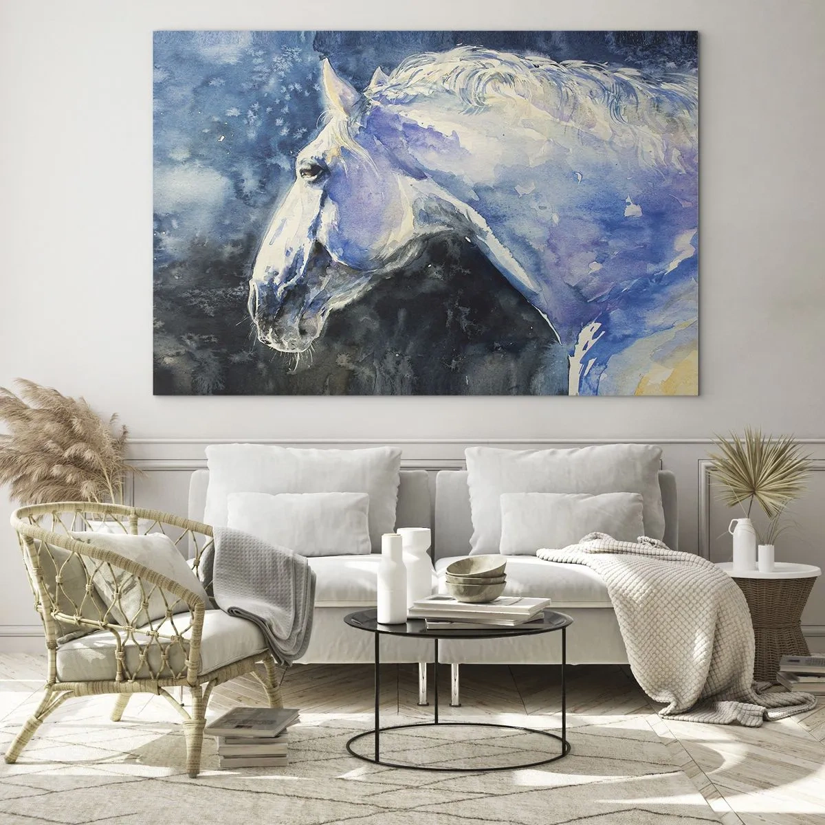 Impression sur verre - Image sur verre - Portrait à l'aquarelle d'un cheval dans les tons bleus - 100x70cm - Portrait dans une lueur azur - Décoration murale moderne pour le salon et la chambre ARTTOR