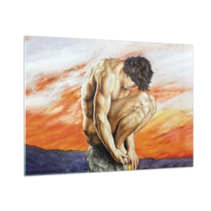 Impression sur verre - Image sur verre - Un corps humain nu contre un ciel orange intense. - 100x70cm - Plongé dans ses pensées - Décoration murale moderne pour le salon et la chambre ARTTOR