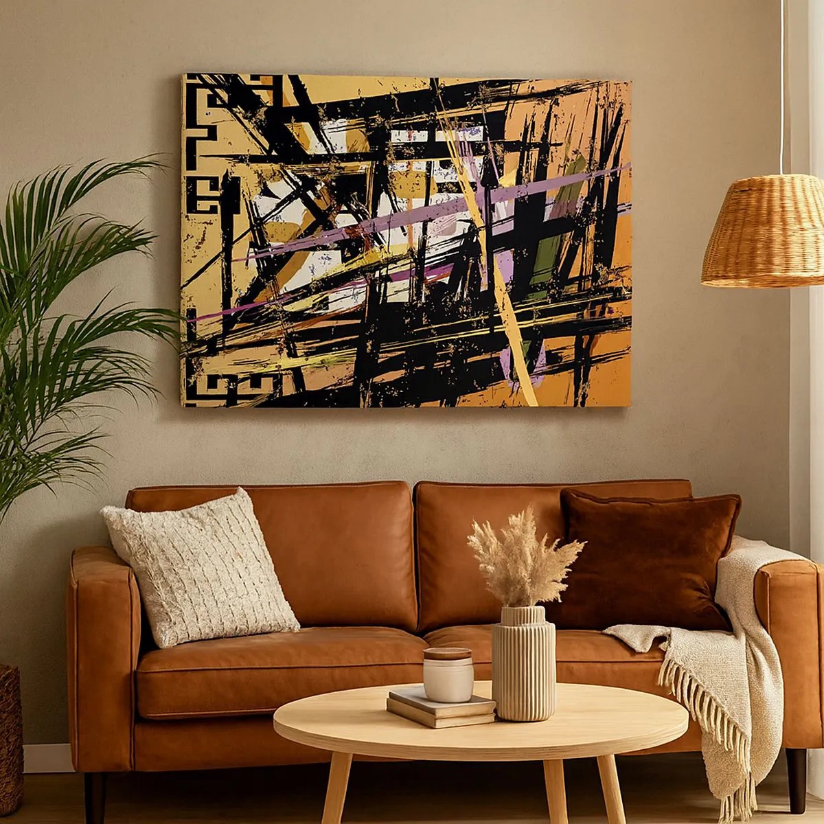 Impression sur toile - Image sur toile - Lignes et formes abstraites sur fond beige - 70x50cm - Une coupe nette - Décoration murale moderne pour le salon et la chambre ARTTOR