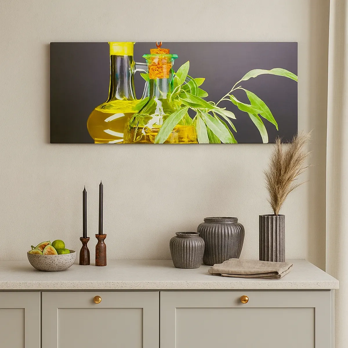 Impression sur toile - Image sur toile - Nature morte aux olives et à l'huile d'olive - 30x30 cm