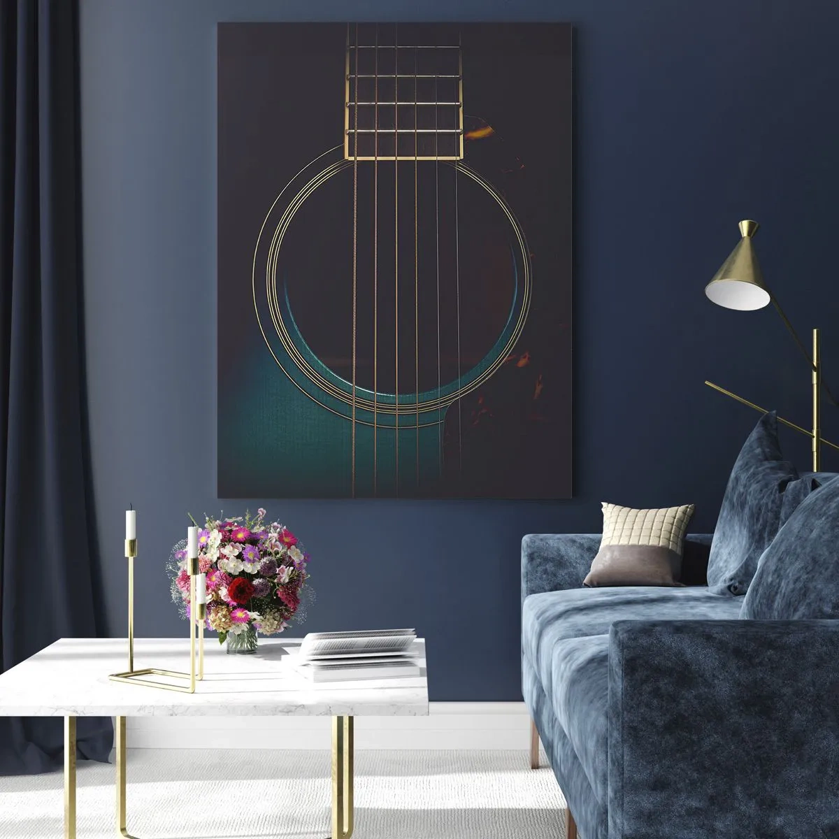 Impression sur verre - Image sur verre - Gros plan d'une guitare acoustique noire avec détails des cordes - 50x70cm - Le calme avant la tempête - Décoration murale moderne pour le salon et la chambre ARTTOR