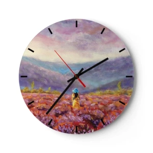Horloge murale - Pendule murale - Une femme portant un chapeau dans un champ de lavande surplombant les montagnes - 30x30cm - Dans un monde lavande - Décoration murale moderne pour le salon, la cuisine et la chambre ARTTOR