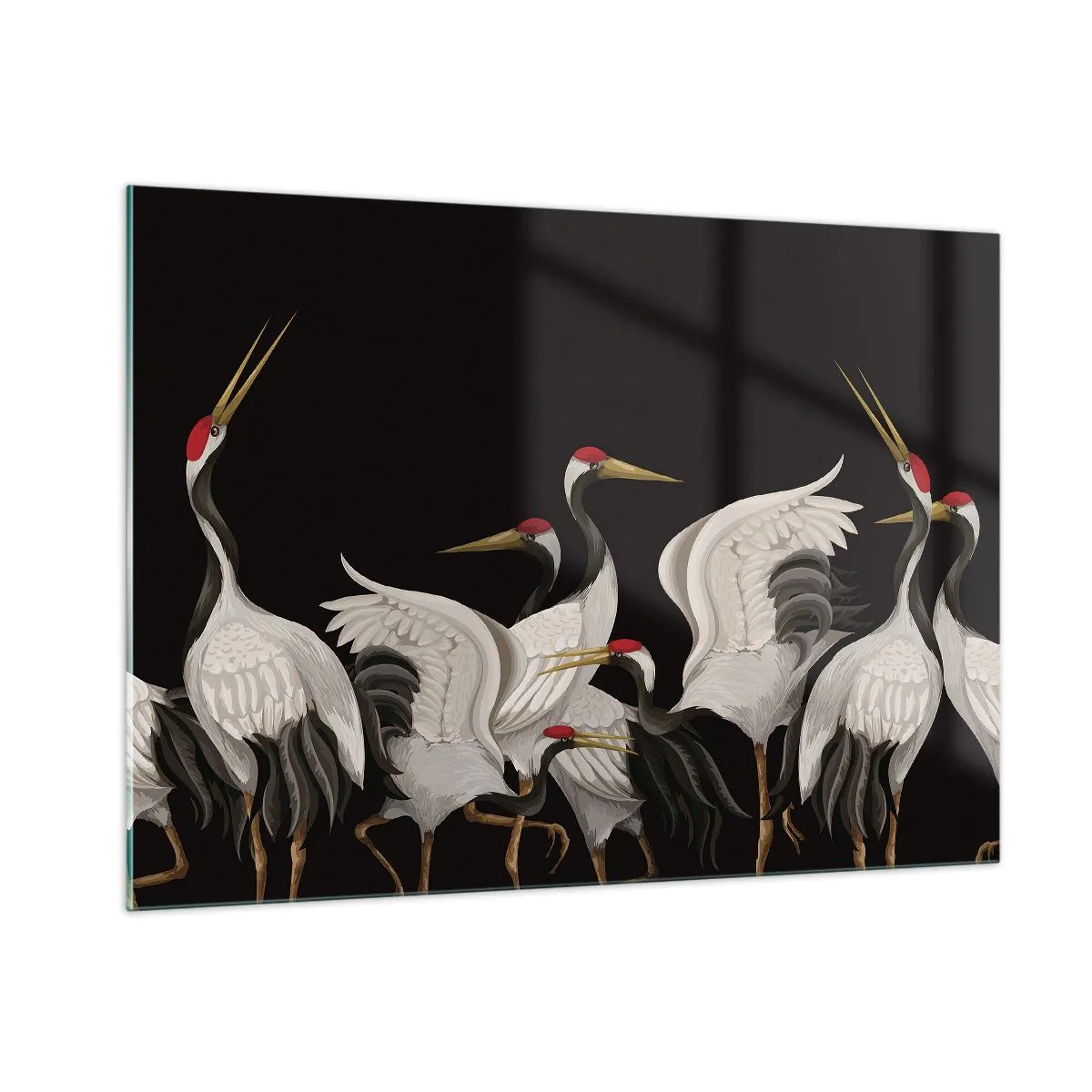Impression sur verre - Image sur verre - Grues blanches à têtes rouges sur fond noir - 100x70cm - Histoire d'oiseaux - Décoration murale moderne pour le salon et la chambre ARTTOR