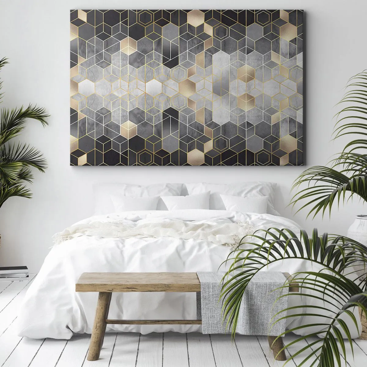 Impression sur toile - Image sur toile - Motif géométrique dans des tons dorés - 70x50cm - Composition de diamants - Décoration murale moderne pour le salon et la chambre ARTTOR