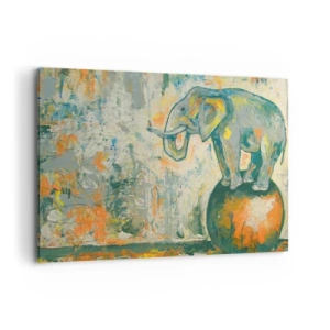 Impression sur toile - Image sur toile - Un éléphant en équilibre sur une balle dans un style artistique - 120x80cm - Que vive le cirque ! - Décoration murale moderne pour le salon et la chambre ARTTOR