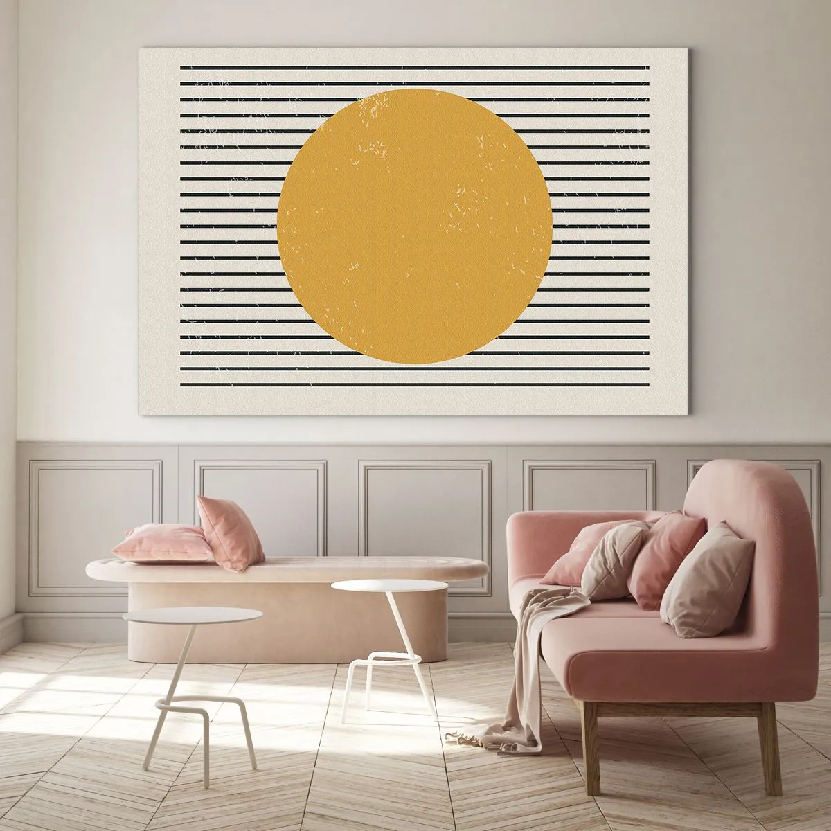 Impression sur verre - Image sur verre - Un cercle orange sur un fond de lignes noires horizontales sur fond beige. - 100x70cm - Le pouvoir de la simplicité - Décoration murale moderne pour le salon et la chambre ARTTOR