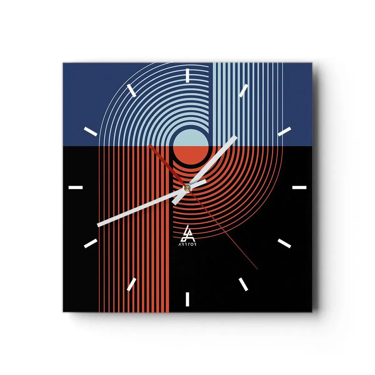 Horloge murale - Pendule murale - Abstraction géométrique avec des lignes bleu marine et orange. - 30x30cm - Dans une étreinte géométrique - Décoration murale moderne pour le salon et la chambre ARTTOR