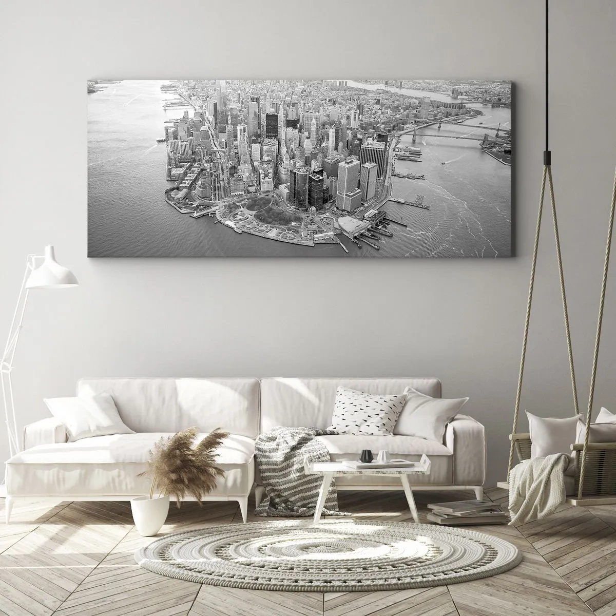 Impression sur toile - Image sur toile - Vue aérienne de Manhattan en noir et blanc - 160x50cm - Comment ne pas aimer ? - Décoration murale moderne pour le salon et la chambre ARTTOR