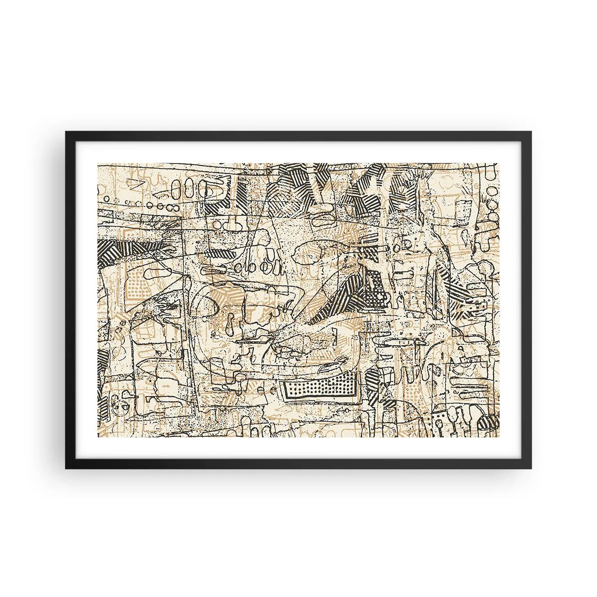 Affiche dans un cadre noir - Poster - Motifs abstraits et lignes sur fond beige - 70x50cm - Il attend d'être décodé - Décoration murale moderne pour le salon et la chambre ARTTOR